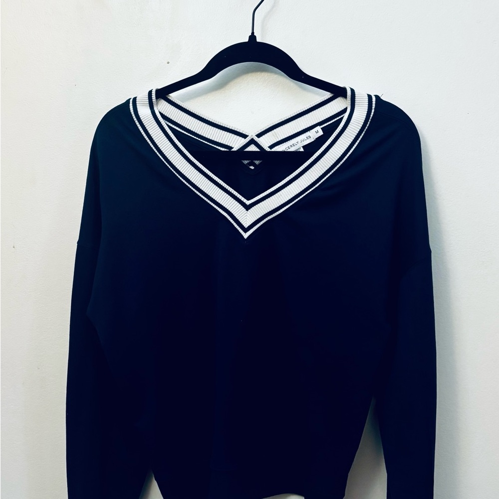 Sincerely Jules Black V-Neck Sweatshirt with White Trim